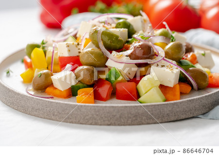 Greek village salad horiatiki with feta cheese and vegetables, vegeterian Greek village salad horiatiki with feta cheese and vegetables, vegeterian 86646704
