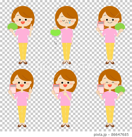 各種面部表情套裝，配有女性錢包和計算器 86647685