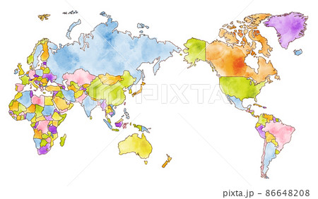 水彩とクレヨンの素朴な手描き世界地図 太平洋中心 のイラスト素材