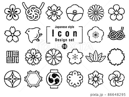 ハンコ風　スタンプ風　春の和風フレームセット モノクロ 86648295