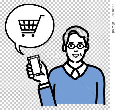 Middle-aged man with glasses holding a smartphone and explaining shopping Middle-aged man with glasses holding a smartphone and explaining shopping 86648336