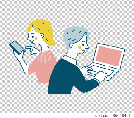 スマートフォンとパソコンを操作する女性と男性の淡色ベクターイラスト スマートフォンとパソコンを操作する女性と男性の淡色ベクターイラスト 86648466