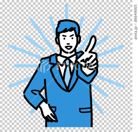 一個穿著西裝的年輕人用手指指著前面 86649005