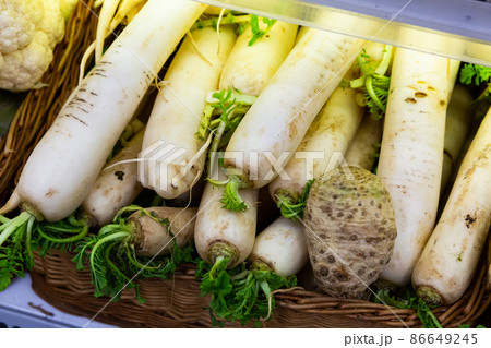 White radish in boxes on counter White radish in boxes on counter 86649245