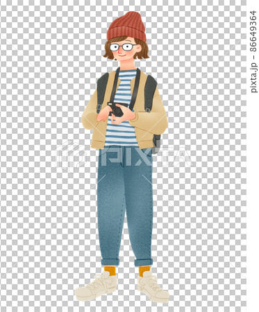 A hand-drawn illustration of a woman holding a camera to travel 86649364