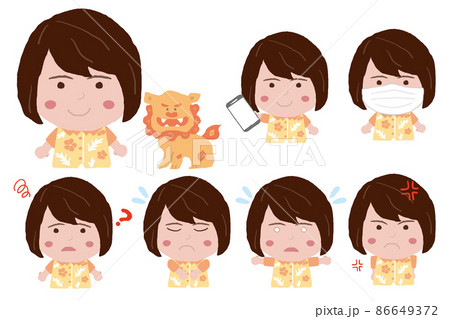 いろいろなポーズをする沖縄のかりゆしウェアを着た若い女性 86649372