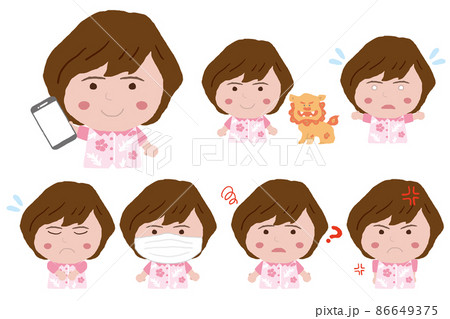 いろいろなポーズをする沖縄のかりゆしウェアを着た若い女性 いろいろなポーズをする沖縄のかりゆしウェアを着た若い女性 86649375