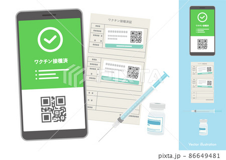 スマホのワクチンパスポート、接種証明書、注射器とワクチンの入った瓶のベクターイラストセット スマホのワクチンパスポート、接種証明書、注射器とワクチンの入った瓶のベクターイラストセット 86649481