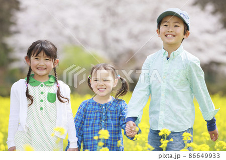 菜の花畑で手をつなぐ子供たち 菜の花畑で手をつなぐ子供たち 86649933