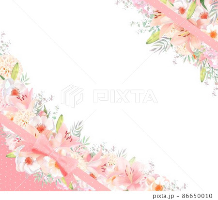 エレガントなピンクの水玉リボンに包まれた百合の花と白いばらとリーフのかわいい招待状フレーム素材のイラスト素材