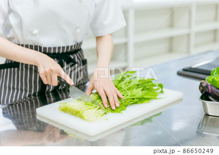 キッチンで野菜を切る女性（顔なし） 86650249