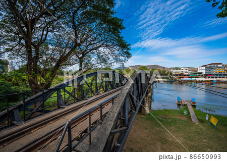 Railway on a Bridge over the River Kwai, Kanchanaburi, Thailand. 86650993