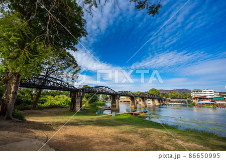 Railway on a Bridge over the River Kwai, Kanchanaburi, Thailand. 86650995
