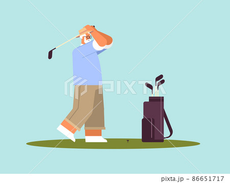 senior man playing golf aged player taking a shot active old age concept horizontal full length 86651717