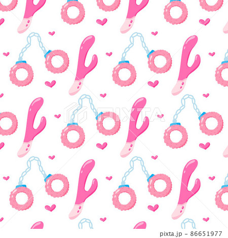 Vector seamless pattern with sex toys. Pattern for sex shop. Pattern with handcuffs and vibrators. 86651977