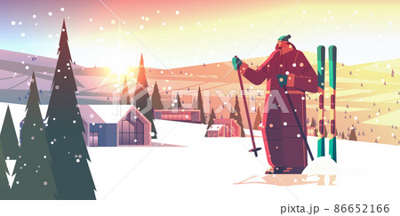 skier woman sportswoman skiing doing activities winter vacation concept sunset snowfall landscape background skier woman sportswoman skiing doing activities winter vacation concept sunset snowfall landscape background 86652166