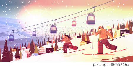 people skiing man woman tourists couple doing activities winter vacation concept sunset snowfall landscape 86652167