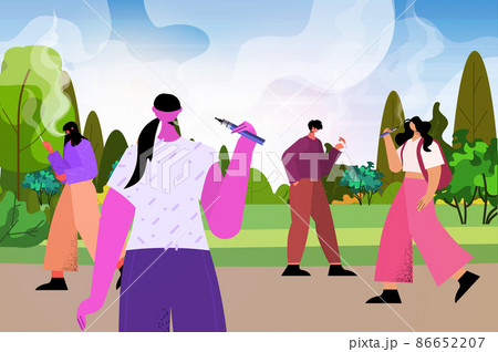 people smoking e-cigarettes in park bad habits unhealthy lifestyle nicotine addiction concept landscape background 86652207