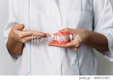 The dentist is holding dentures in his hands. Dental prosthesis in the hands of the doctor close-up. Front view of complete denture. Dentistry conceptual photo. Prosthetic dentistry. False teeth The dentist is holding dentures in his hands. Dental prosthesis in the hands of the doctor close-up. Front view of complete denture. Dentistry conceptual photo. Prosthetic dentistry. False teeth 86652467