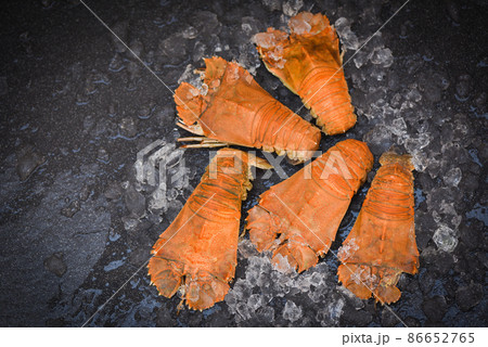 Flathead lobster shrimps on ice, fresh slipper lobster flathead boiled for cooking in the seafood restaurant kitchen or seafood market, Rock Lobster Moreton Bay Bug 86652765