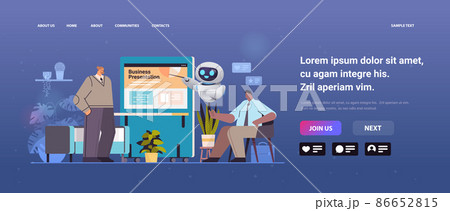 businesspeople and robot helper making presentation in coworking center artificial intelligence technology concept 86652815