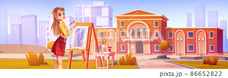 Artist girl paint on plein air in building yard 86652822