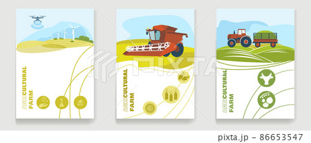 Collection of templates for agricultural brochures with combine harvester, tractor, fields, farm Collection of templates for agricultural brochures with combine harvester, tractor, fields, farm 86653547
