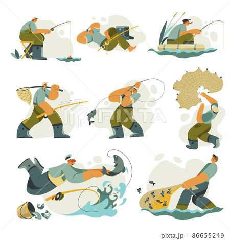 Fishing man with rod and net catching fish vector 86655249