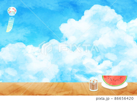 青空と入道雲と縁側の水彩のベクターイラスト背景 86656420