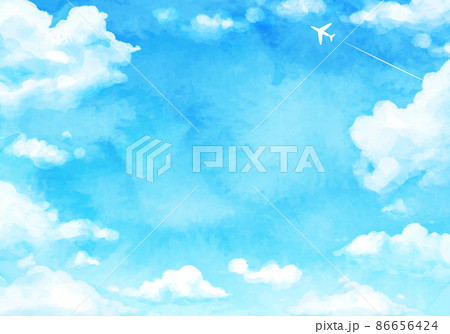 青空と飛行機雲と入道雲の水彩のベクターイラスト背景 青空と飛行機雲と入道雲の水彩のベクターイラスト背景 86656424