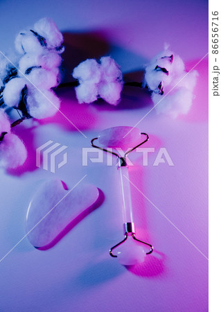 Jade face roller and gua sha for beauty facial massage therapy with fern leaf in neon light. Vertical image 86656716