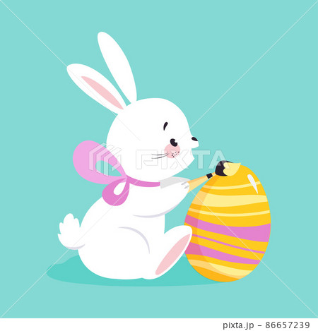 White Easter Bunny Painting Egg in Color with Brush on Blue Background Vector Illustration White Easter Bunny Painting Egg in Color with Brush on Blue Background Vector Illustration 86657239