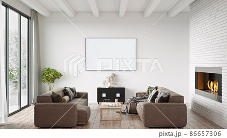 Mock up poster frame in modern interior background, living room, Scandinavian style, 3D rendering Mock up poster frame in modern interior background, living room, Scandinavian style, 3D rendering 86657306