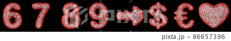 Symbol collection 6, 7, 8, 9, arrow, dollar, euro and heart made of red plastic. 3d rendering 86657396