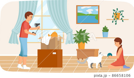 Young family moving to new house, carrying things and pet to apartment, changing place of residence 86658106
