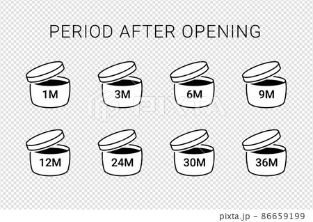 Period after open icons isolated on transparent background. PAO symbols. Round box with cap opened. Expiration period in months signs for cosmetic packaging. Vector illustration 86659199