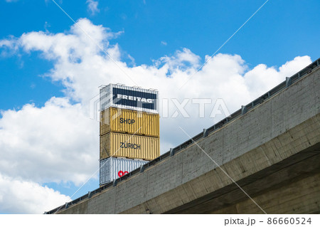 Zurich, Switzerland - May 23rd 2021: Famous Freitag tower behind road infrastructure 86660524