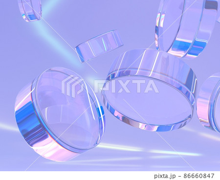 Abstract geometric purple background with shiny glass cylinders and dispersion rainbow light, crystal clear rounds in shape of pucks or coins, glossy translucent circles with reflections, 3d render Abstract geometric purple background with shiny glass cylinders and dispersion rainbow light, crystal clear rounds in shape of pucks or coins, glossy translucent circles with reflections, 3d render 86660847