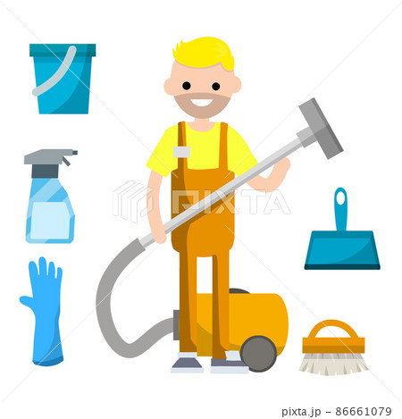 Man in orange jumpsuit stand with vacuum hose to clean house from dust and dirt. 86661079