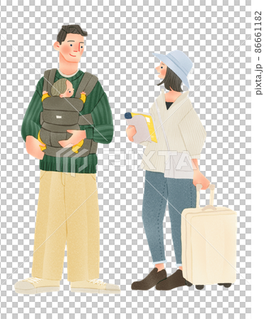 旅行をする3人家族　手描きイラスト 86661182