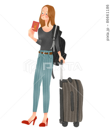 パスポートとスーツケースを持って旅行をする人物　女性　手描きイラスト 86661186