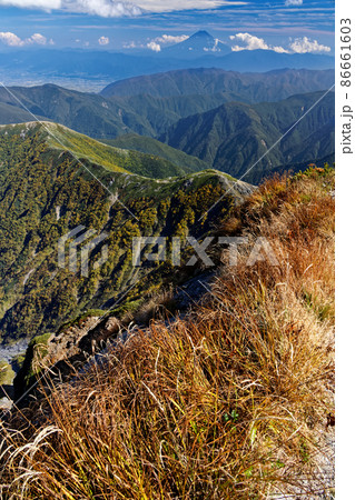 南アルプス・北岳山頂の草紅葉と富士山の眺め 86661603