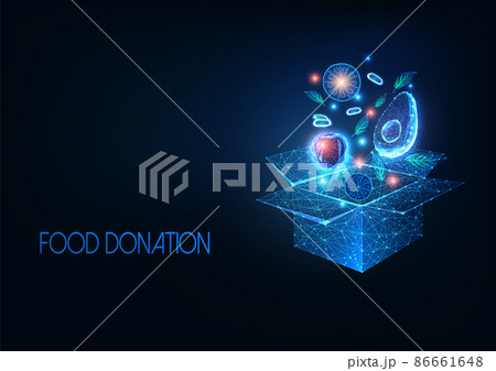 Futuristic food donation concept with glowing low polygonal cardboard box with fruits and vegetables 86661648