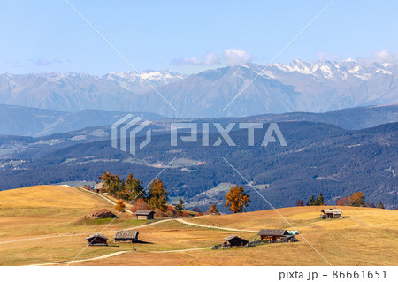 Tourist scenic paths on Seiser Alm plateau during golden autumn. South Tyrol, Italy. Tourist scenic paths on Seiser Alm plateau during golden autumn. South Tyrol, Italy. 86661651