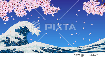 濃紺の空に映える桜の花と桜吹雪と浮世絵風の波 86662596