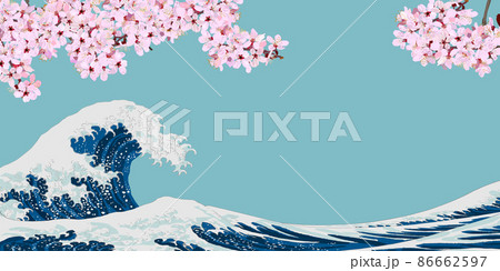 青空に桜の花と浮世絵風の波 86662597