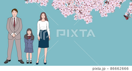 新一年生の女の子と両親、満開の桜の入学式 新一年生の女の子と両親、満開の桜の入学式 86662666