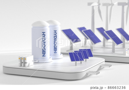 Hydrogen energy factory, isometric 3d render. Renewable power generation concept with wind turbines, solar panels, battery bank and tank container, angle view close up. Environment protection 86663236