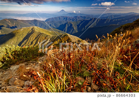 夕照の南アルプス・北岳山頂の草紅葉と富士山 86664303