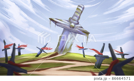 Landscape of Giant Broken Sword on Hill Surrounded by Grave 86664571